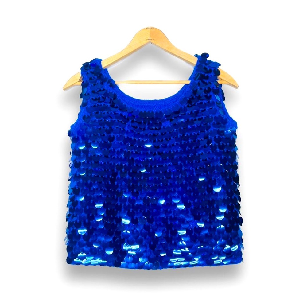 VTG Giant Sequined Sparkly Cobalt Blue Wool Knit Tank - Picture 1 of 4